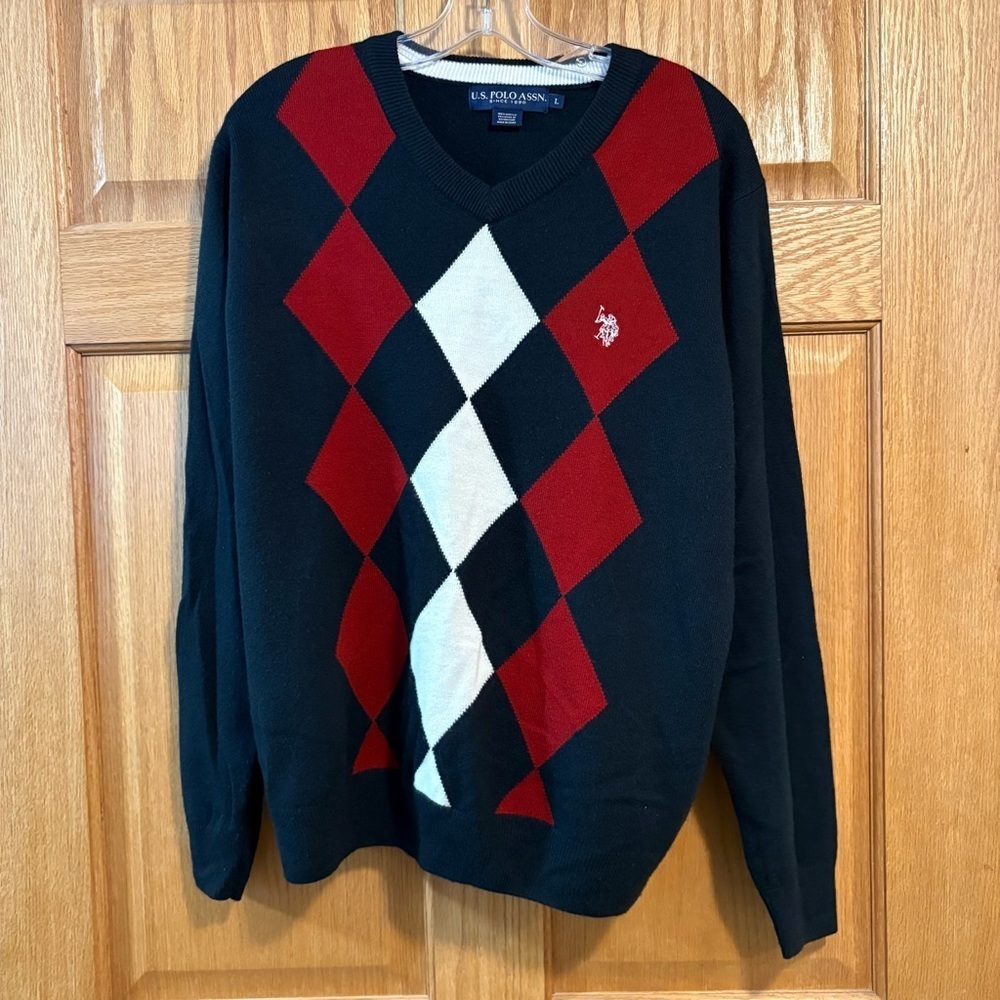 U.S. Polo Assn Red White Blue Argyle Sweater Men’s L Large Soft Acrylic Pony